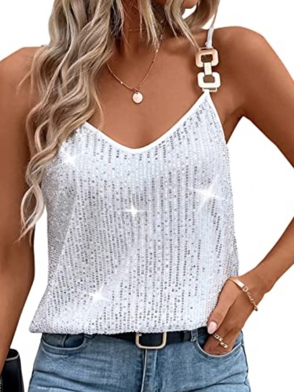 SHEIN White Sequin V-Neck Cami Tank with Decorative Chain Strap